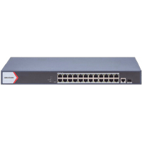 SWITCH GIGABIT POE+ HIKVISION / ADMINISTRABLE / 24 PUERTOS 1000 MBPS POE+ / 1 PUERTO 100 UPLINK / 1 PUERTO 1000 MBPS UPLINK / 1 PUERTOS SFP UPLINK / CONFIGURACIÓN NUBE DESDE HIK-PARTNERPRO / MODO EXT