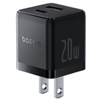 CARGADOR DE PARED 2 PUERTOS BASEUS, CARGA RPIDA, 1 TIPO C1 USB-A 20W, COLOR NEGRO