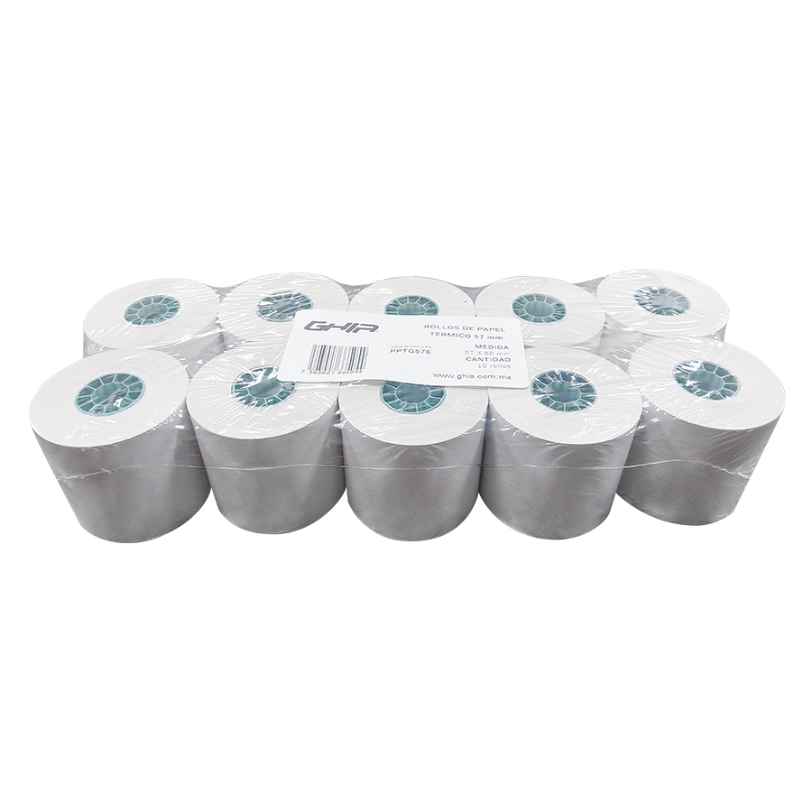 PAQUETE ROLLO PAPEL TERMICO GHIA PTG57N / 57X60 MM /PARA IMPRESORAS DE 58MM / REACCION NEGRO / 10 UNIDADES