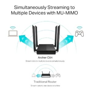 ROUTER |TP-LINK | ARCHER C64 |WIFI | INALAMBRICO MU-MIMO | AC1200 | 5 GHZ 867 MBPS | 2,4 GHZ 400 MBPS | COBERTURA WIFI MEJORADA 4 ANTENAS EXTERNAS, SUSTITUYE A ARCHER C60